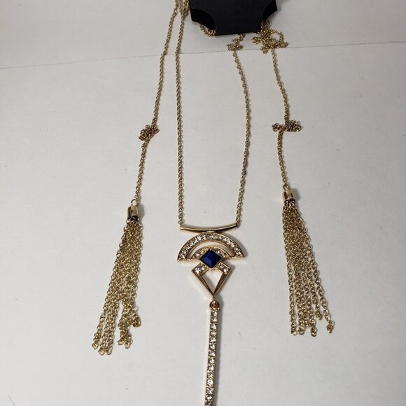 GUESS Gold Layered Fringed 34" Necklace - Blue Stone Sparkling Crystal Pendant - Picture 4 of 6